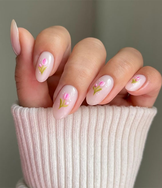 35 Trendsetting Nail Designs for the Season : Tulip on Pink Nude Nails