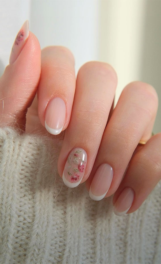35 Trendsetting Nail Designs for the Season : Rose-Adorned Natural French Tips Nail Design