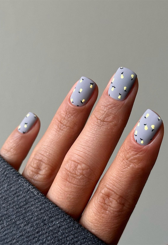 35 Trendsetting Nail Designs for the Season : Pear Pattern on Dusty Blue Nails