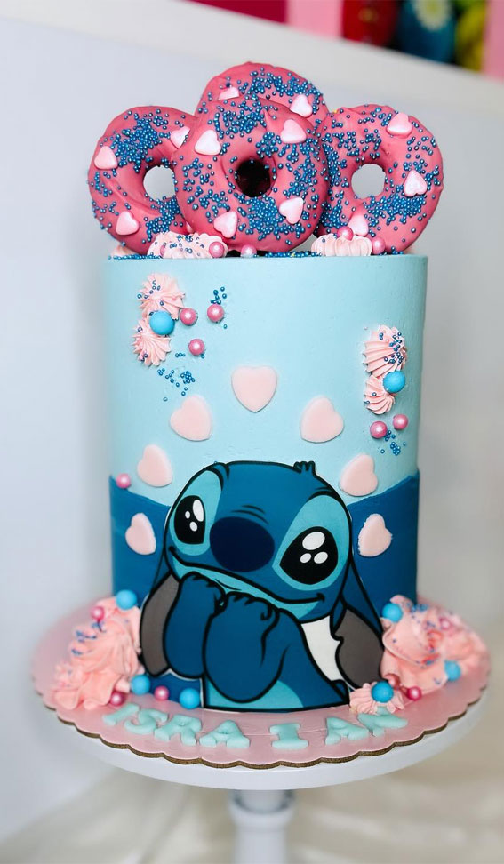 50 Birthday Cake Ideas for Every Celebration : Stitch-Inspired Two-Tone Blue Cake with Pink Donut Delight