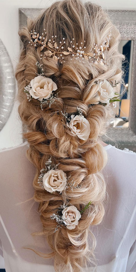 35 Creative Hairdos for Every Occasion : Cascading Hair Down style with Flowers