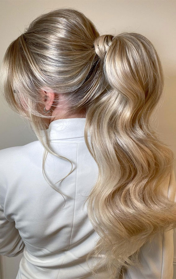 modern hollywood ponytail, voluminous ponytail, hollywood ponytail, ponytail bridal style, ponytail hairstyle, voluminous bridal ponytail, chic ponytail