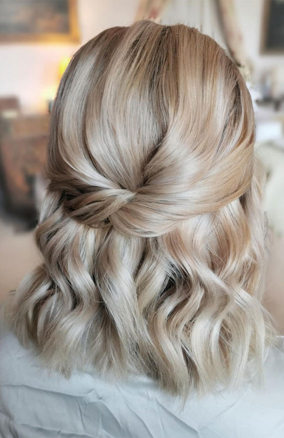 30 Stunning Bridesmaids Hairstyles for 2024 : Twisted Half Up Bob Hairstyle
