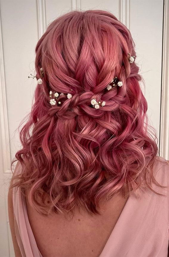 30 Stunning Bridesmaids Hairstyles for 2024 : Boho Braided Half Up Pink Hair