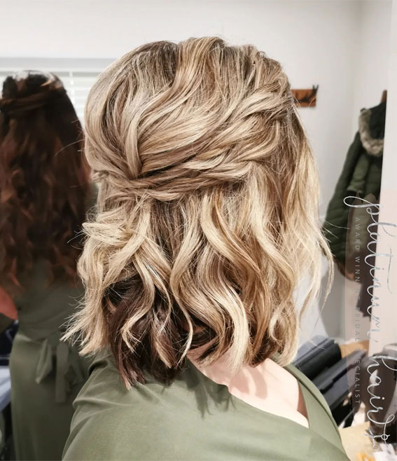 30 Stunning Bridesmaids Hairstyles for 2024 : Textured Twisted Half-Up for Short Hair