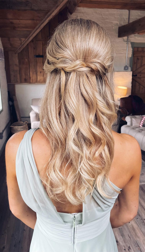 30 Stunning Bridesmaids Hairstyles for 2024 : Simple Twisted Half-Up Half-Down Hairstyle