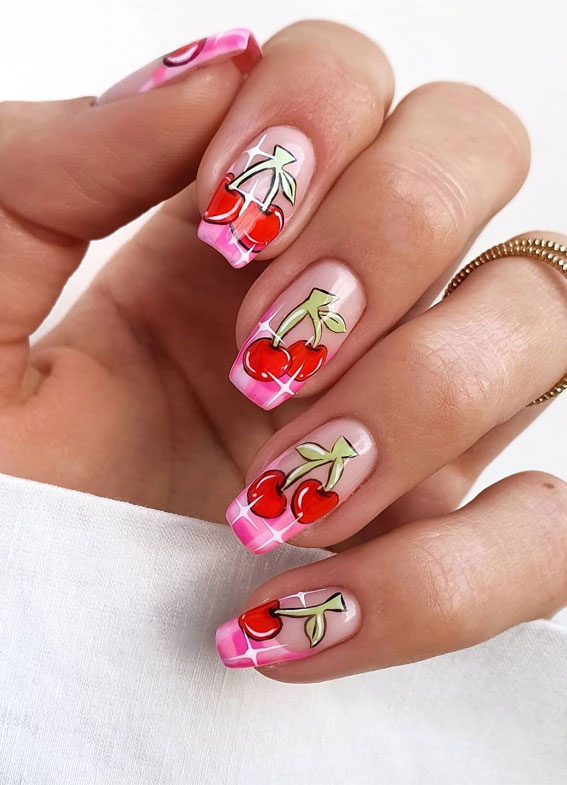 25 Cherry Nails That are Charming, Sweet & Stylish : Pink Gingham French Tips with Cherry Accents