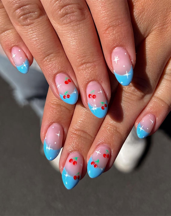 25 Cherry Nails That are Charming, Sweet & Stylish : Cherries with The Blue Tips