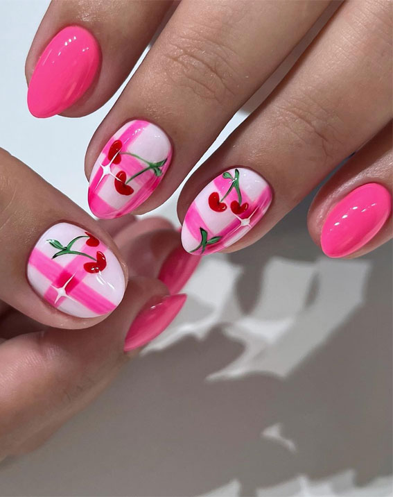 25 Cherry Nails That are Charming, Sweet & Stylish : Pink Gingham Nails with Love Heart Cherries