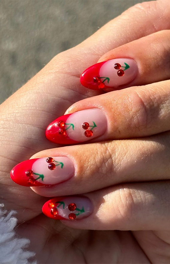 25 Cherry Nails That are Charming, Sweet & Stylish : Cherry Gems + Red French Tips