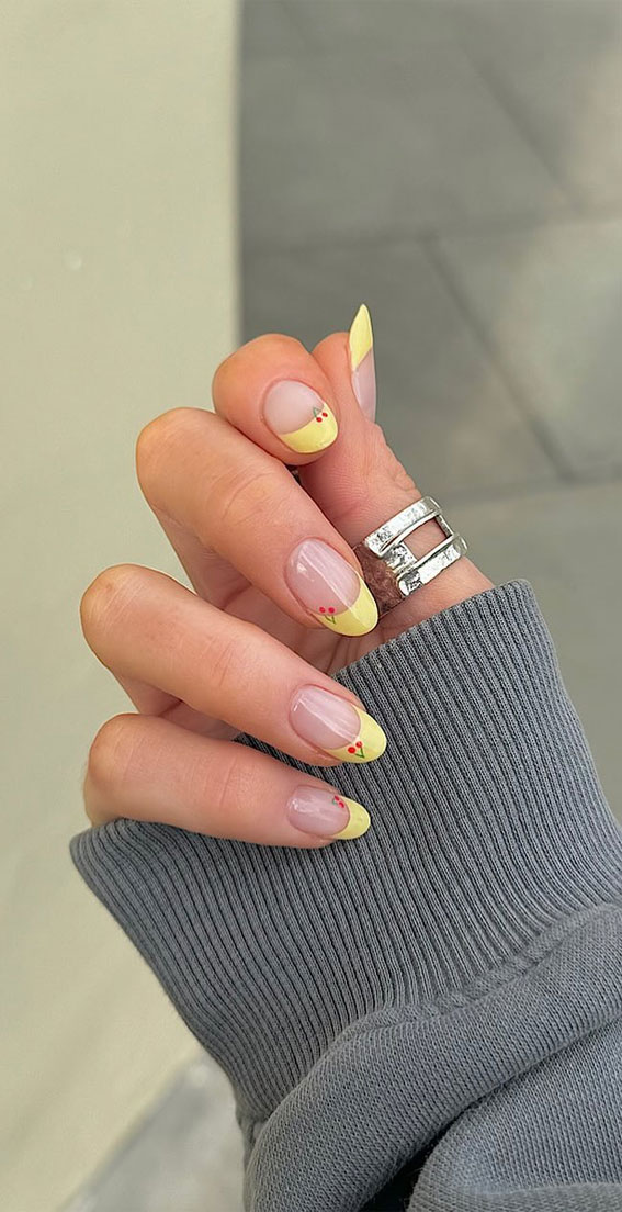25 Cherry Nails That are Charming, Sweet & Stylish : Yellow French Tips + Cheery Accents