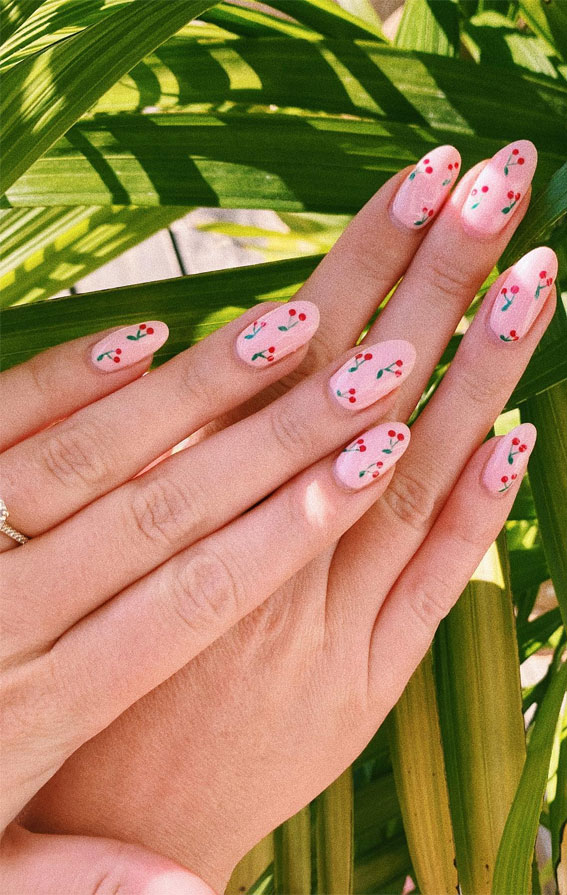 25 Cherry Nails That are Charming, Sweet & Stylish : Little Cherries Pink Base Nails