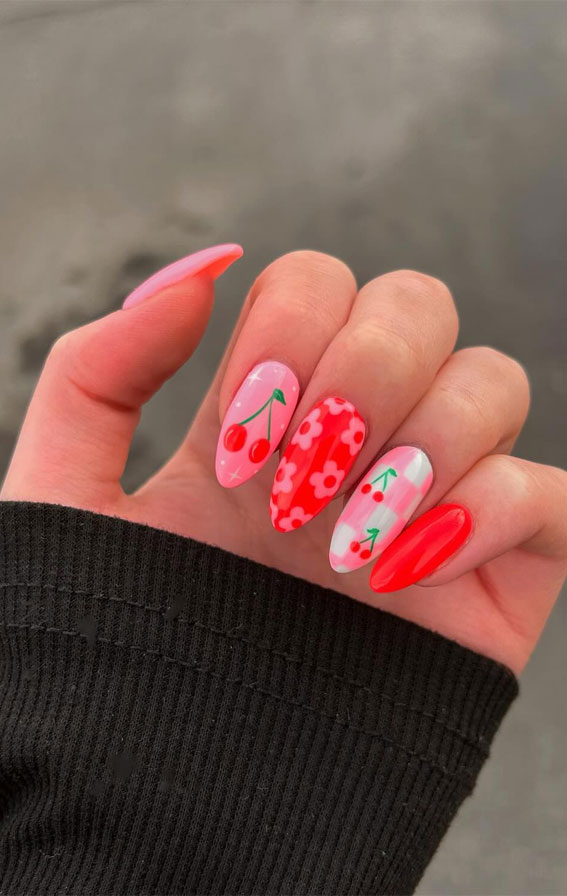 25 Cherry Nails That are Charming, Sweet & Stylish : Mix n Match Cherry, Flower