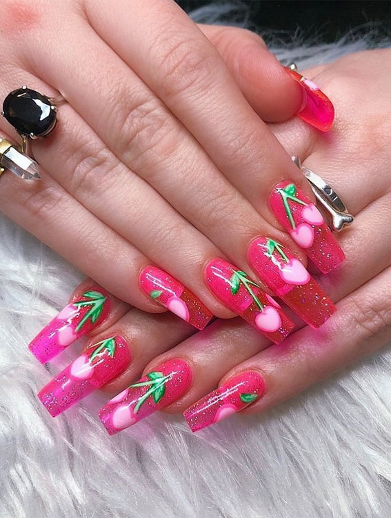 25 Cherry Nails That are Charming, Sweet & Stylish : Pink Jelly Nails with Cherries