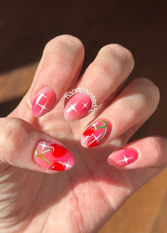 25 Cherry Nails That are Charming, Sweet & Stylish : Aura Pink Nails with Cherries