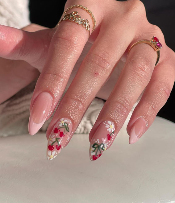25 Cherry Nails That are Charming, Sweet & Stylish : Cherries + Daisies + Pink Dainty Hearts