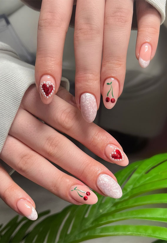 25 Cherry Nails That are Charming, Sweet & Stylish : Pearls, Hearts & Cherries