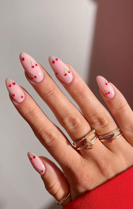 25 Cherry Nails That are Charming, Sweet & Stylish : Little Love Heart Cherries Subtle Nails