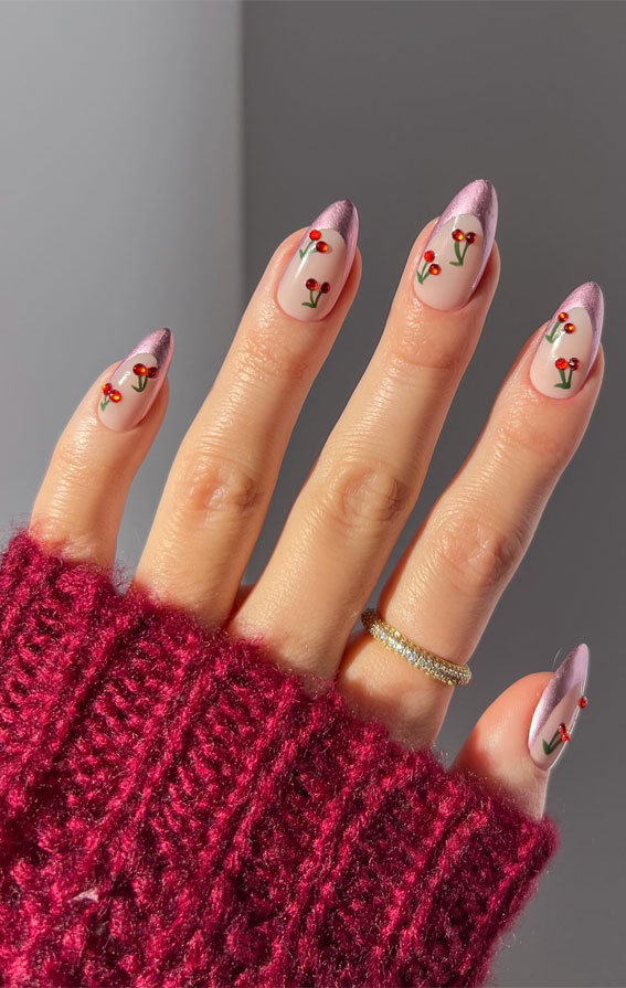 25 Cherry Nails That are Charming, Sweet & Stylish : Shimmery Pink French Tips with Cherry