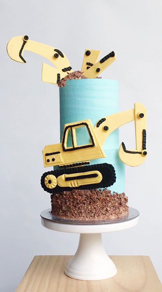 20 Digger-Themed Birthday Cake Ideas : Blue Tall Cake Digger Accents
