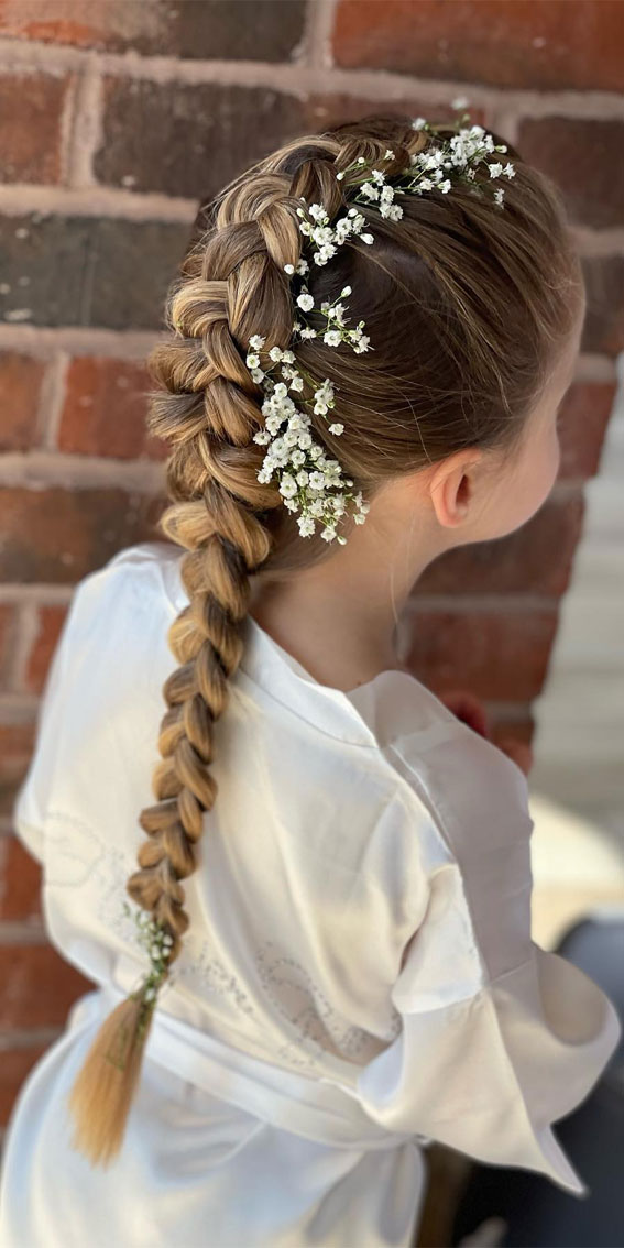 28 Enchanting Flower Girl Hairstyles : Dutch Braid with Baby’s Breath
