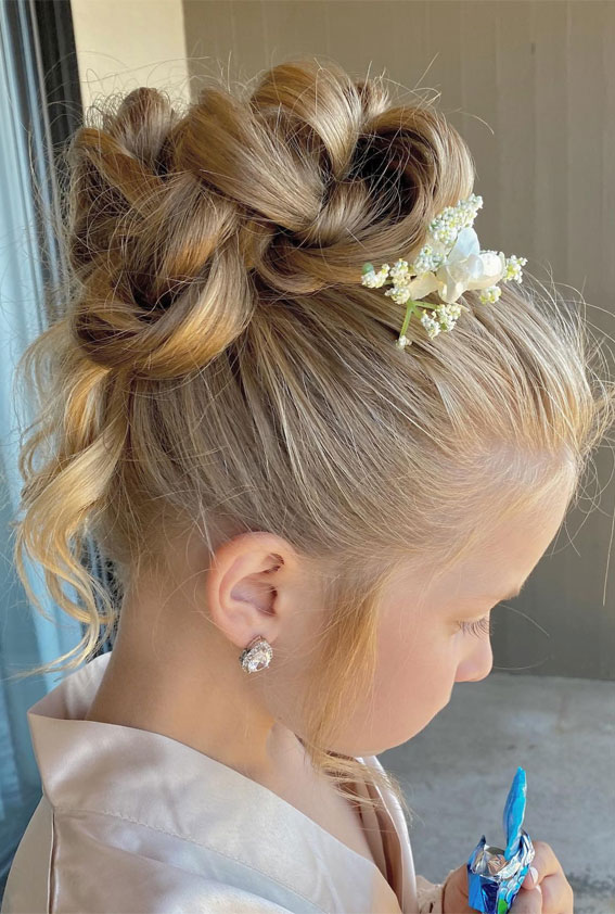 28 Enchanting Flower Girl Hairstyles : Textured Updo with Flowers