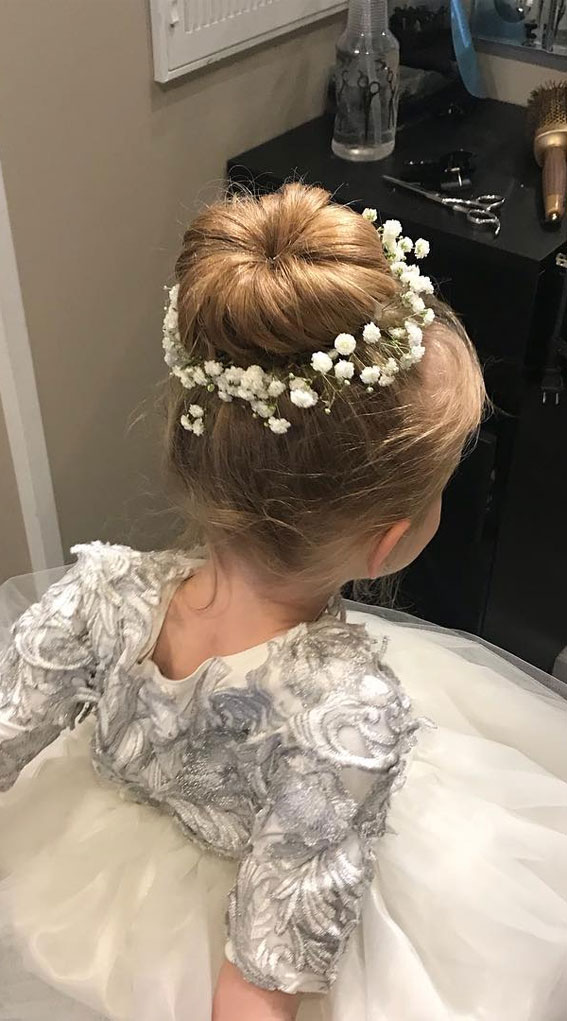 28 Enchanting Flower Girl Hairstyles : updo with baby's breath, simple ...