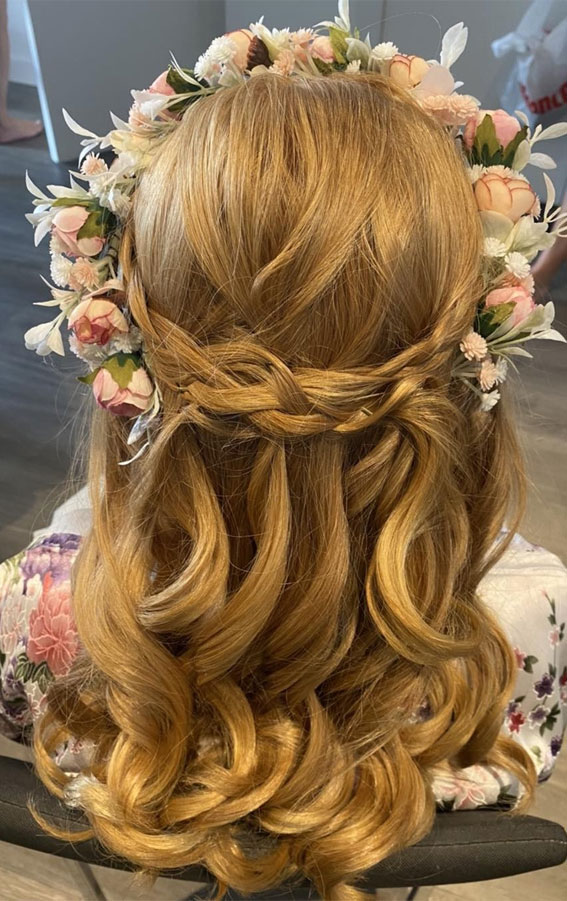 28 Enchanting Flower Girl Hairstyles : Braided Crown Half Up Half Down with Floral Crown