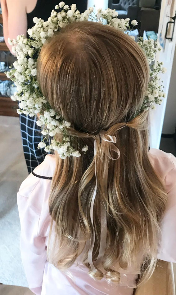 28 Enchanting Flower Girl Hairstyles : Volume Curl Ends with Baby’s Breath Floral Crown