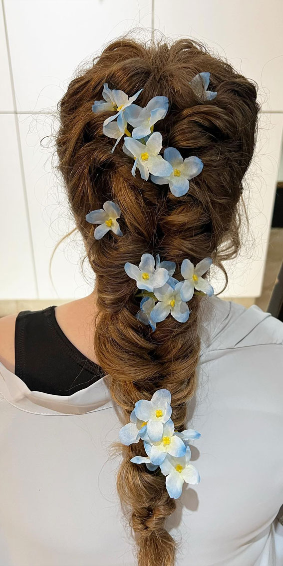 28 Enchanting Flower Girl Hairstyles : Rapunzel Braid with Blue Floral