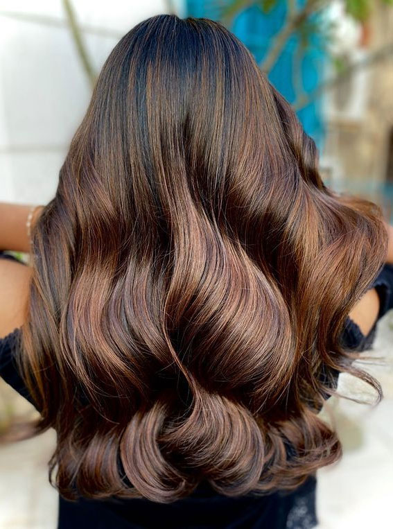 glossy wave frosted chestnut, chestnut hair color, frosted chestnut hair color, brown hair color ideas, brunette hair color ideas