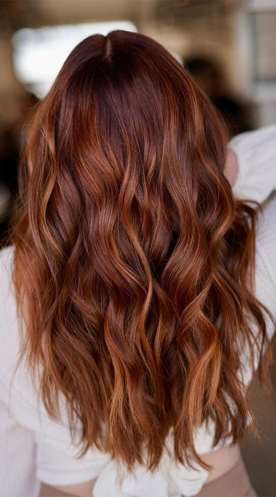 50 Examples of Blonde and Brown Hair to Help You Decide : Auburn Balayage Waves