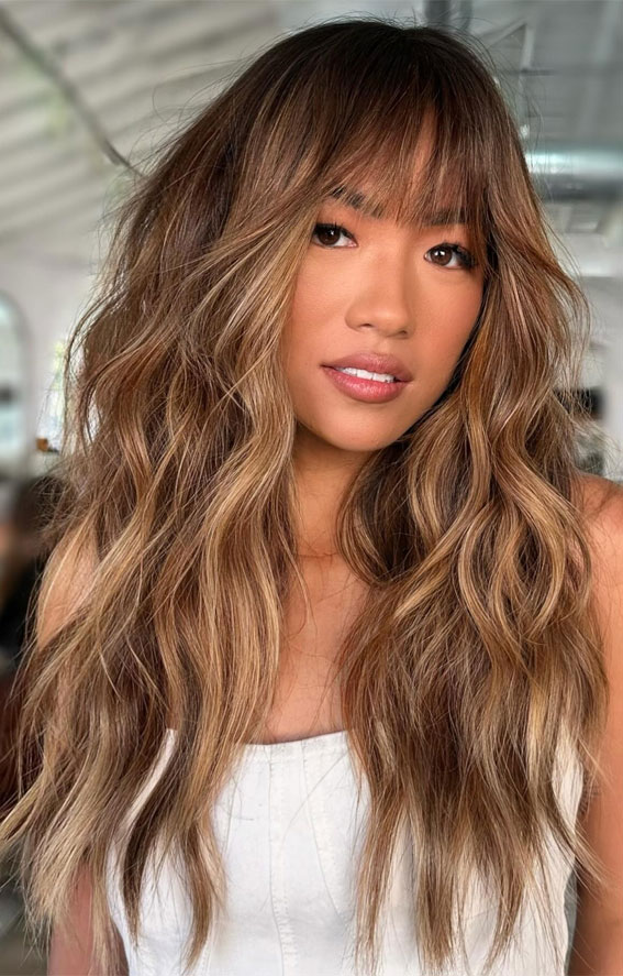 50 Examples of Blonde and Brown Hair to Help You Decide : Caramel Bronde with Bangs