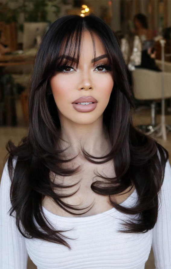 27 Effortlessly Elegant Long Straight Hairstyles That Wow : Espresso Long Layers with Wispy Bangs