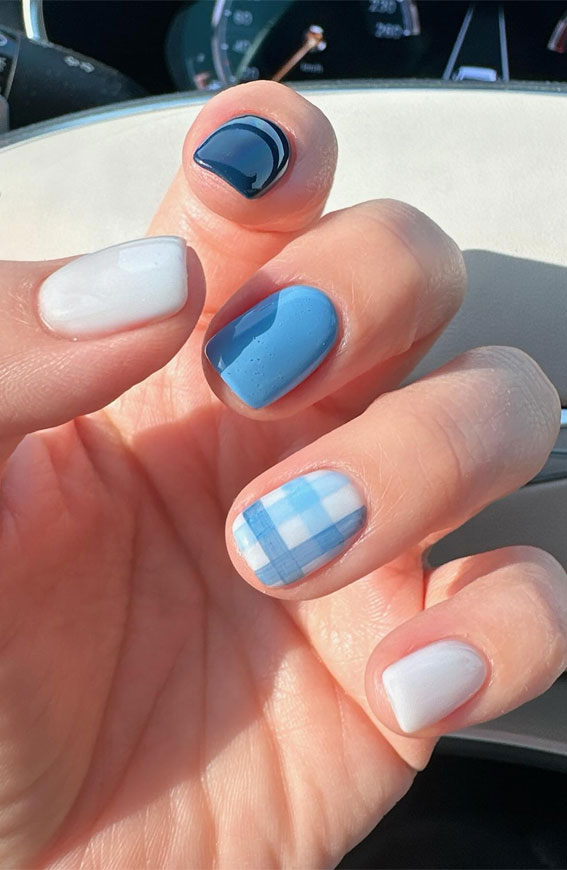 shades of blue nails, gingham nails, blue nails, mix and match nails, blue nail color, nail art, creative nail art, summer nail designs, summer nail colors  