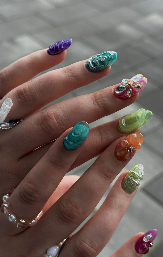 colorful nail ideas, almond nails, mix and match nails, rainbow nail color, nail art, creative nail art, summer nail designs, summer nail colors, acrylic nail ideas