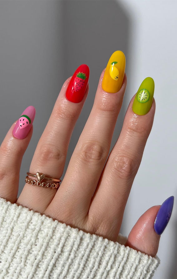 fruity nails, colorful nail ideas, almond nails, mix and match nails, rainbow nail color, nail art, creative nail art, summer nail designs, summer nail colors, acrylic nail ideas