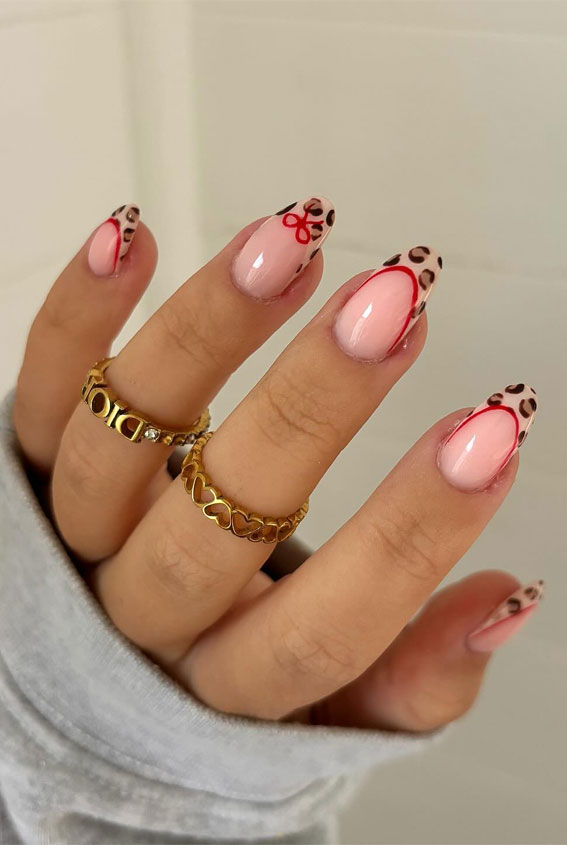 35 Creative Nail Art Inspirations to Transform Your Tips : Leopard French Tips with Red Bow
