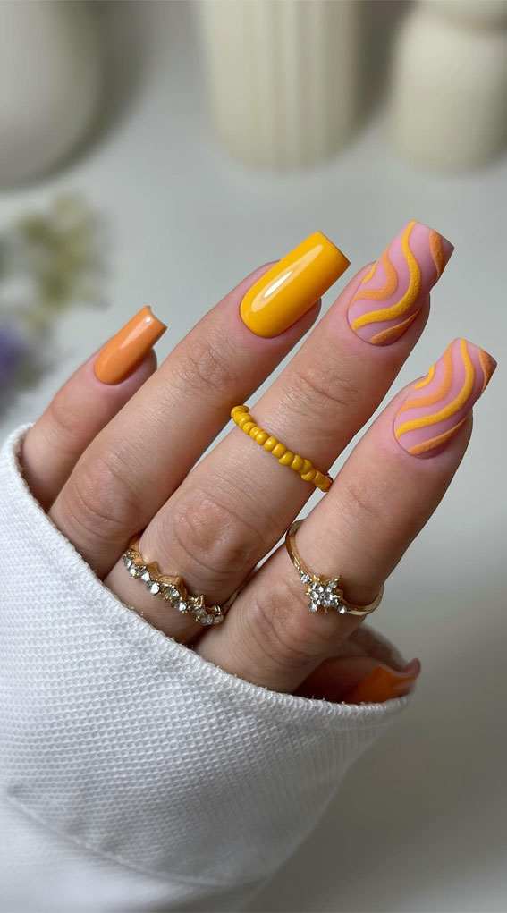 mix and match nails, yellow nails, swirl nails, nail art, creative nail art, summer nail designs, summer nail colors