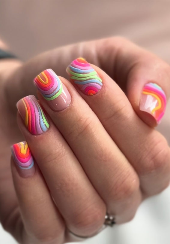 colorful nail ideas, almond nails, mix and match nails, rainbow nail color, nail art, creative nail art, summer nail designs, summer nail colors, acrylic nail ideas