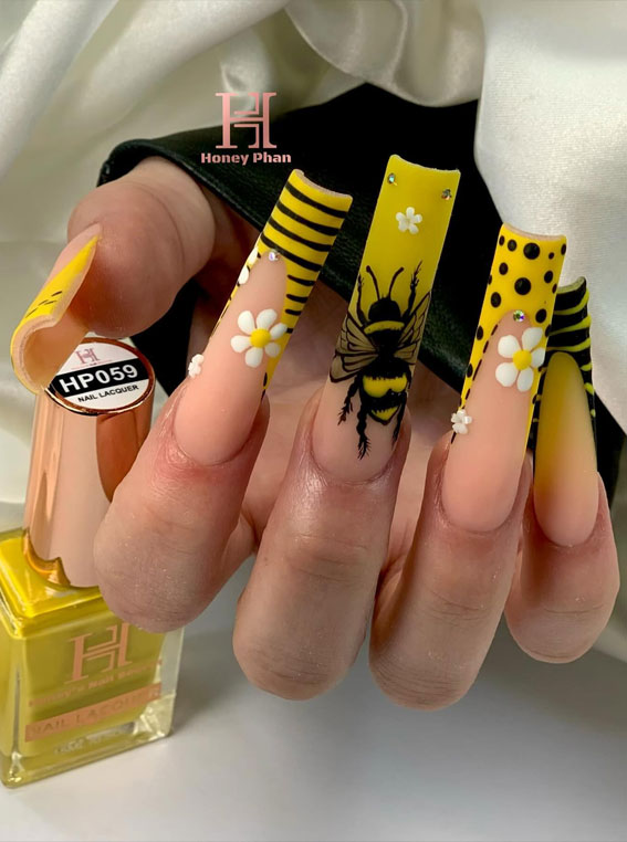 colorful nail ideas, almond nails, mix and match nails, rainbow nail color, nail art, creative nail art, summer nail designs, summer nail colors, acrylic nail ideas, bee nails