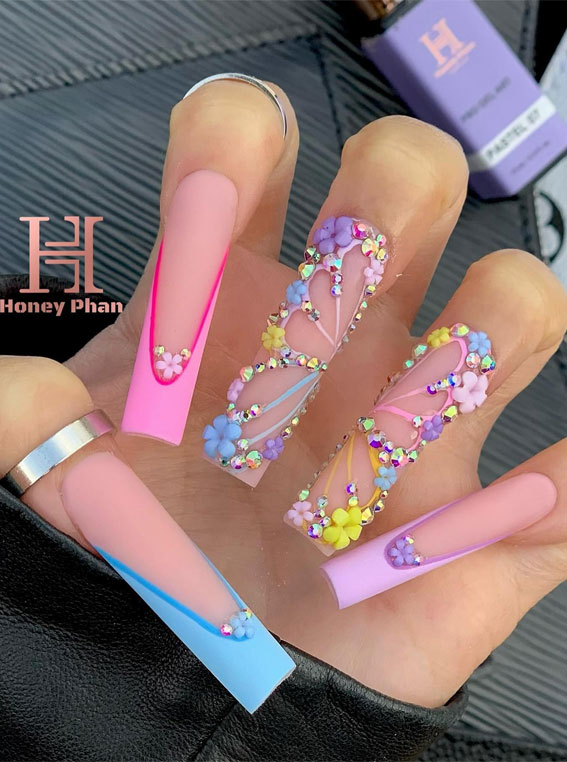 colorful nail ideas, almond nails, mix and match nails, rainbow nail color, nail art, creative nail art, summer nail designs, summer nail colors, acrylic nail ideas, floral nails