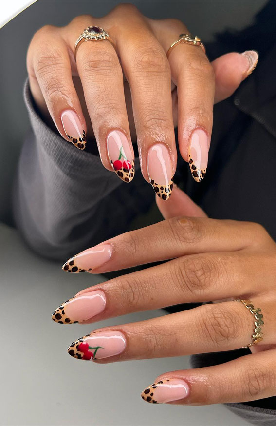 35 Creative Nail Art Inspirations to Transform Your Tips : Cheetah French Tip Nails with Cherry Accents