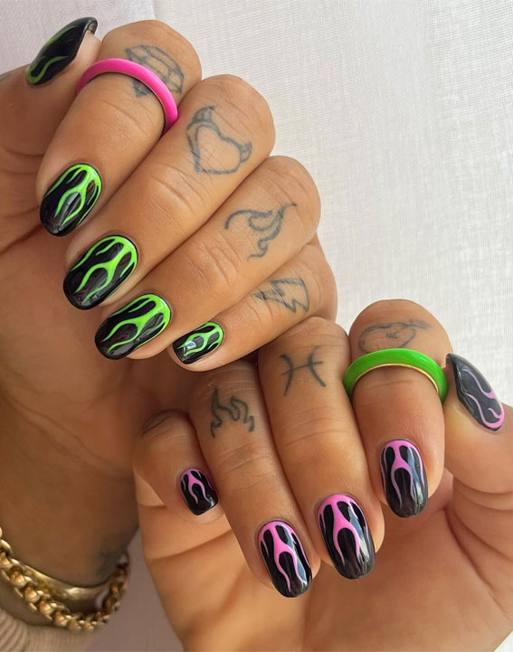 neon hot falme french tip nails, colorful nail ideas, almond nails, mix and match nails, rainbow nail color, nail art, creative nail art, summer nail designs, summer nail colors, acrylic nail ideas