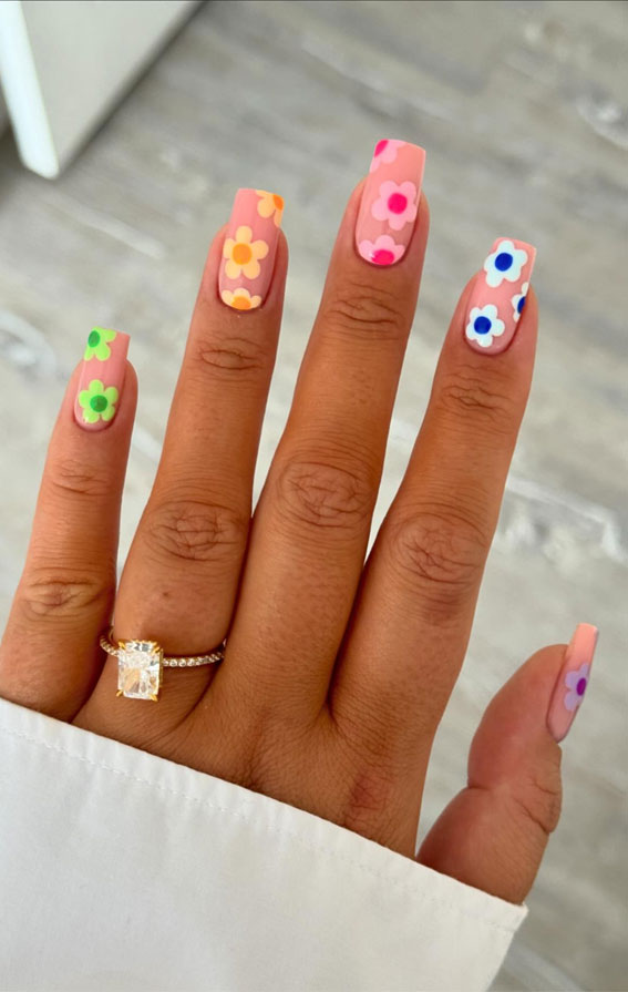 colorful nail ideas, almond nails, mix and match nails, rainbow nail color, nail art, creative nail art, summer nail designs, summer nail colors, acrylic nail ideas, colorful floral nails