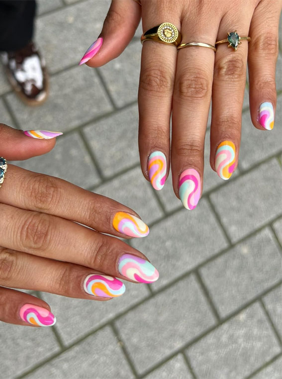 almond nails, mix and match nails, colorful nail color, nail art, creative nail art, summer nail designs, summer nail colors, acrylic nail ideas