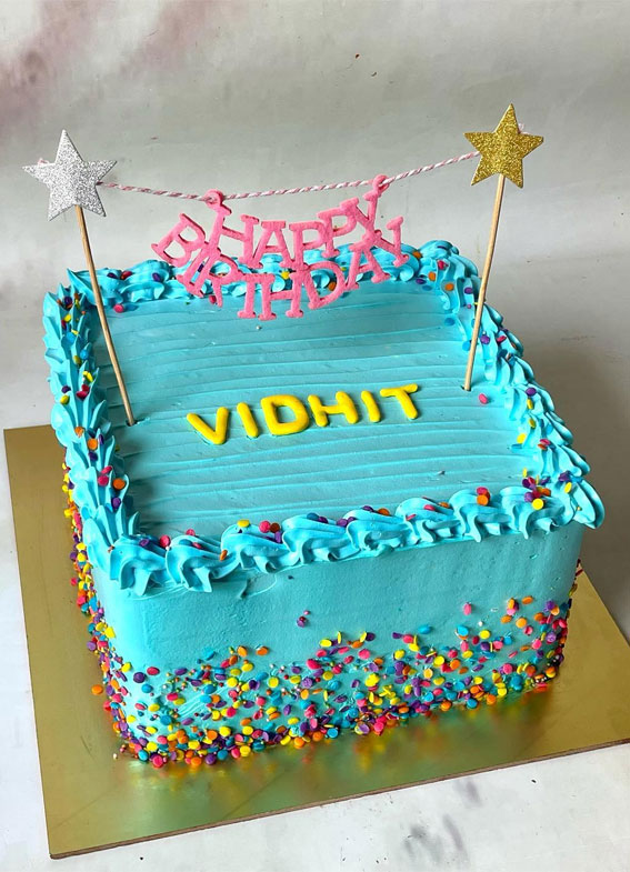 30 Dazzling Confetti Cake Ideas for Every Celebration : Bright Blue Square Birthday Cake