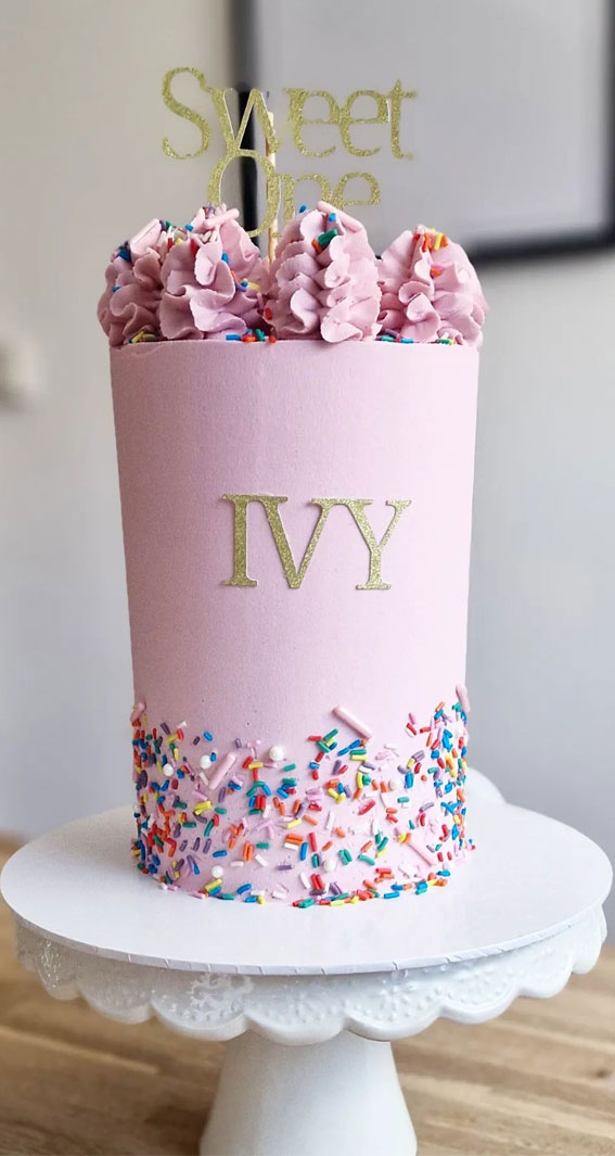 30 Dazzling Confetti Cake Ideas for Every Celebration : Simple Pink 1st Birthday Cake