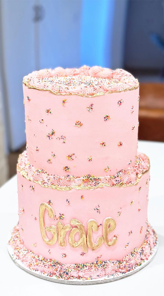 pink birthday cake with sprinkles, pink sprinkle cake, sprinkle birthday cake pink, confetti cake, funfetti cake, sprinkle cake, simple sprinkle 