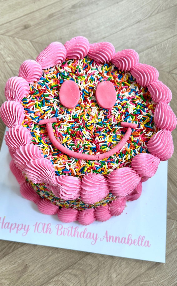 smiley face birthday cake, vibrant cake, colorful birthday cake, confetti cake, funfetti cake, sprinkle cake, simple sprinkle cake ideas, simple funfetti cake,  2 layer confetti cake, colourful sprinkle cake, best sprinkles funfetti cake, what kind of sprinkles for funfetti cake